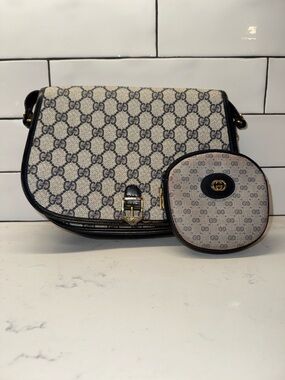 Vintage Gucci GG Supreme Crossbody Bag with Matching Pouch Leather Trim